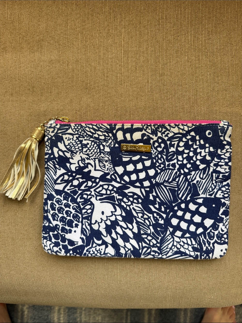 Lilly Pulitzer Navy & White Zip Pouch with Pink Trim and Gold Tassel